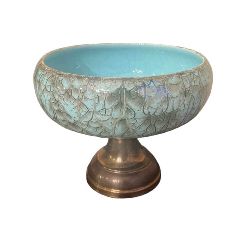 Delft Made in Holland Aqua and Gray with Brass Base Pedestal Bowl